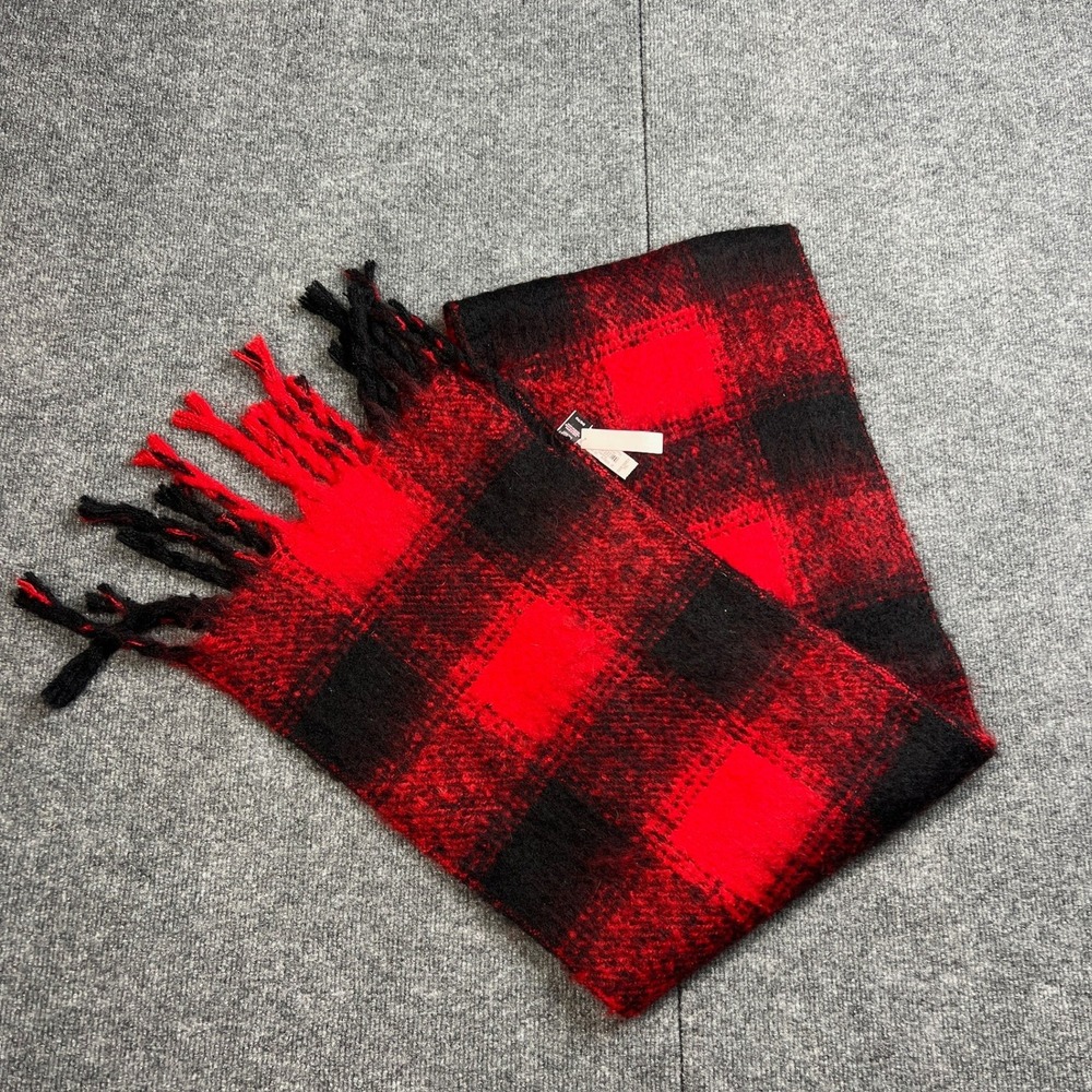 Victoria's Secret VS Buffalo Checkered Plaid 83" Scarf Red/Black Fringe Flannel‎